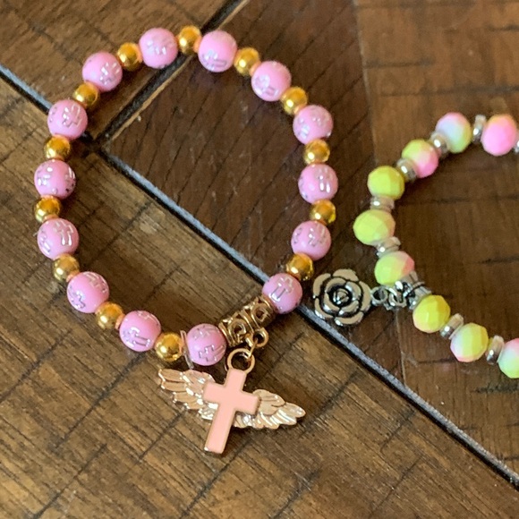 Hand Crafted Pink and Gold Kids Bracelet Set - Picture 2 of 3